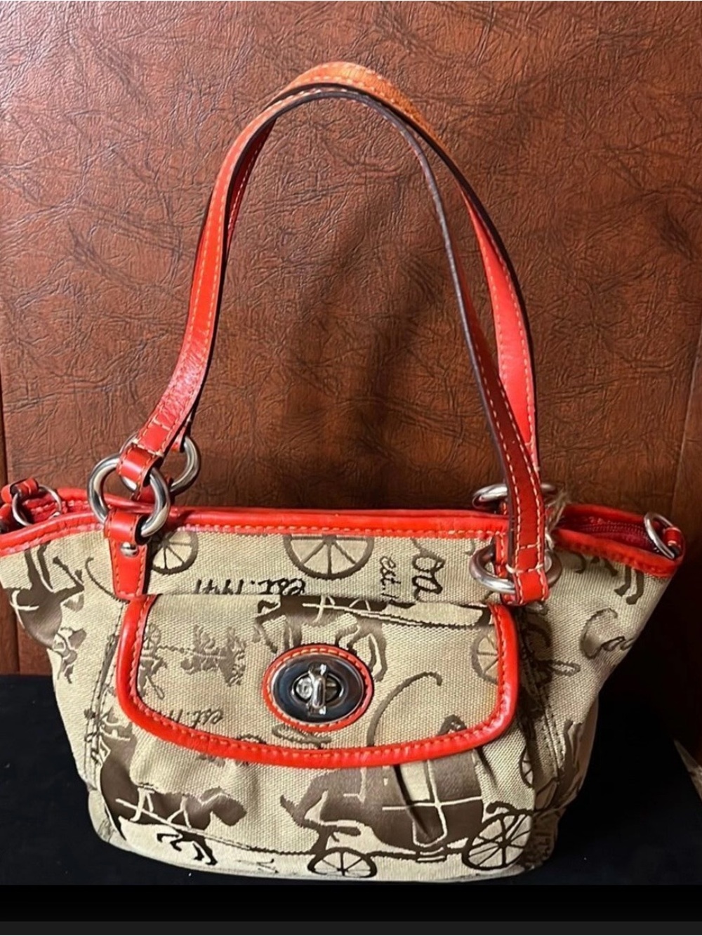Coach Beige Canvas Shoulder Bag with Red Trim